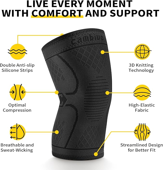 CAMBIVO 2 Pack Knee Braces for Knee Pain, Knee Compression Sleeve for Men and Women, Knee Support for Meniscus Tear, Running, Weightlifting, Workout, ACL, Arthritis, Joint Pain Relief (Black,Medium)
