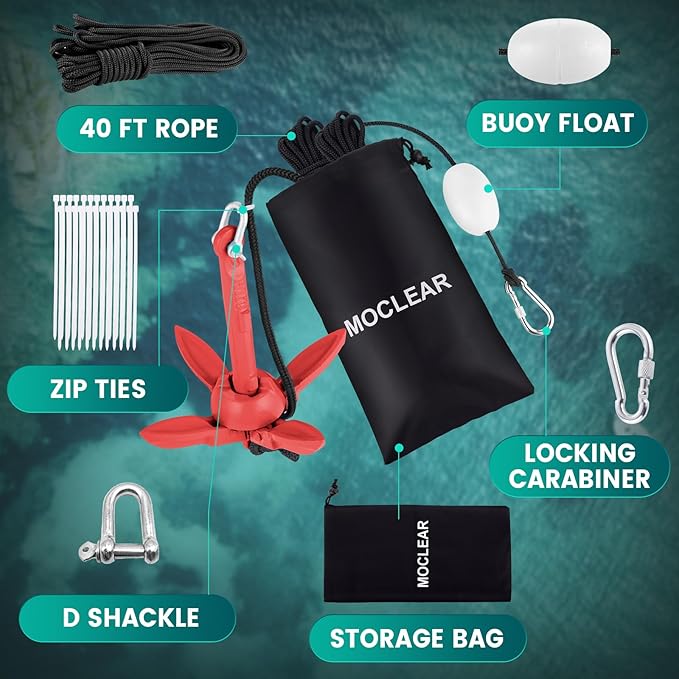 Kayak Anchor Kit, 1.5/3.5 lb Compact Folding Grapnel Anchor for Kayaks, Canoes, SUPs, Jet Skis, Small Boats - Lightweight Portable Marine Boat Anchor with Rust-Resistant Design