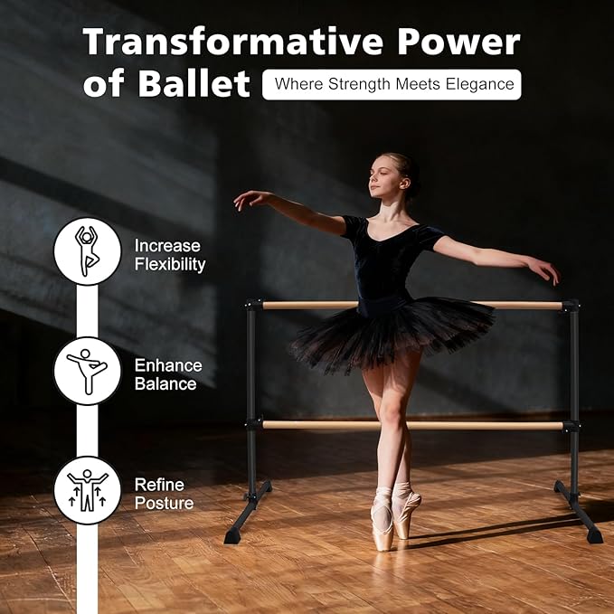 4FT/6FT Freestanding Ballet Barre Wood/Steel Height Adjustable from 7 to 46 inch Ballet Bar Portable Double Dance Bar for Home Workout and Stretch
