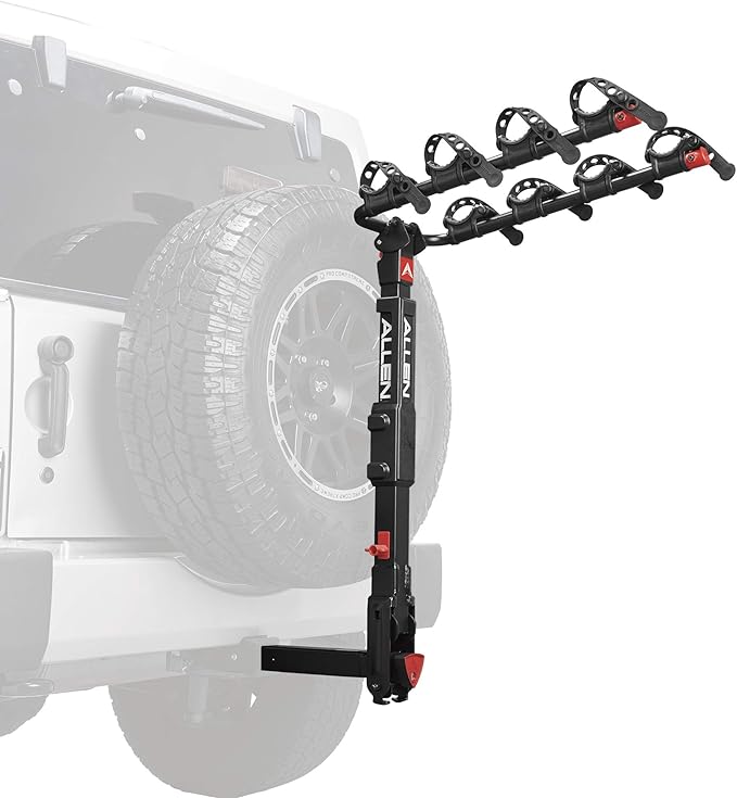 Allen Sports Premier Locking Quick Release 4-Bike Carrier for 2 Inch Hitch on Vehicles with Spare Tire, Model 400QR, Black & Tension Bar Bicycle Cross-Bar Adaptor, Black, One Size