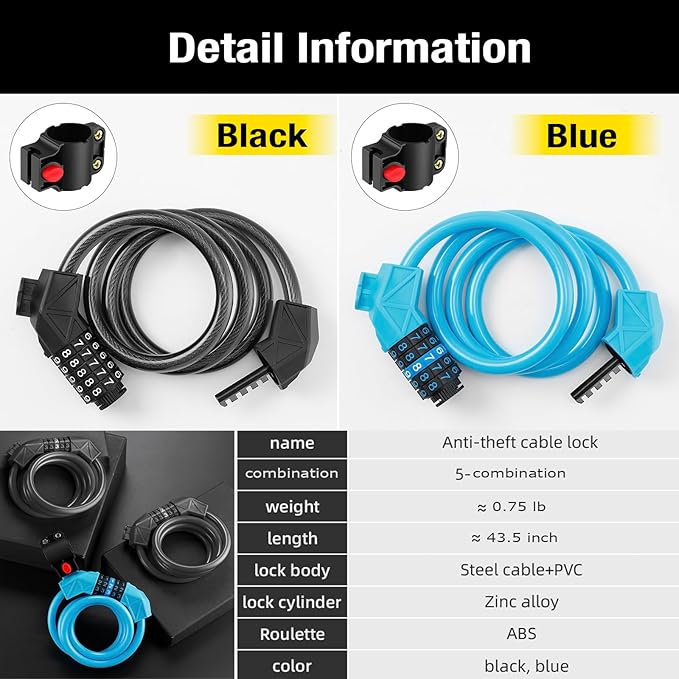 Bike Lock with Mounting Bracket, 4-Feet Bike Cable Basic Self Coiling 5-Digit Resettable Combination Cable Bike Locks, for Bicycle, Motorcycle, Scooter (Black)
