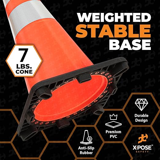 Xpose Safety 28 Inch Orange Traffic Cones with 6" & 4" Collars, 4-Pack - Multipurpose PVC Plastic Safety Cone for Parking, Soccer, Caution, Kids and Construction - DOT Approved