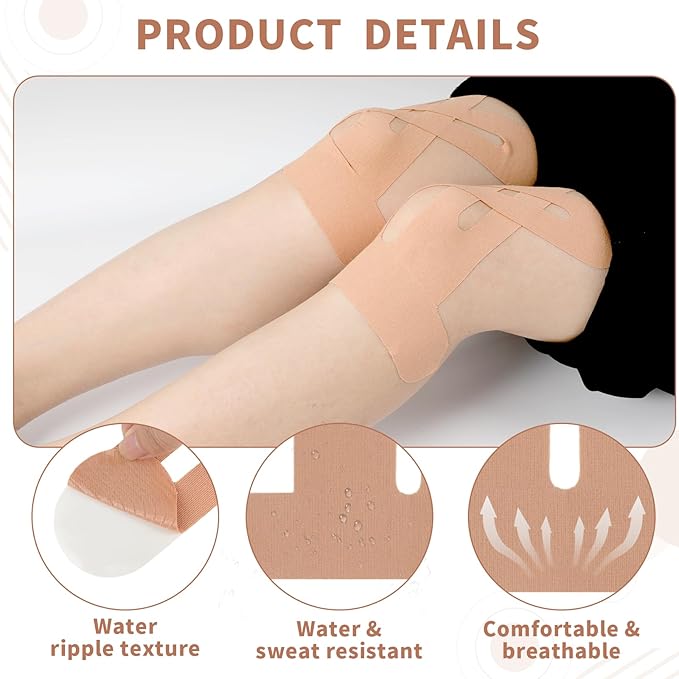 20PCS Kinesiology Tape for Knees, Kinesiology Tape Precut Strips for Knee Support & Stability, Waterproof Breathable Elastic Sports Tape for Pain Relief, Athletic Tape for Muscle & Joint, Beige