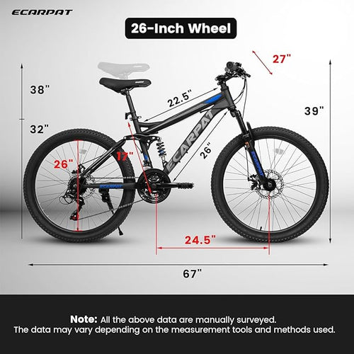 26 Inch Mountain Bike Dual Suspension for Mens Boys, 21 Speeds Steel Women Girls Mountain Bike Summer Travel Trip, Disc Brakes Adult Teens Sport Men Women Bicycle for Trail Commuter City Road