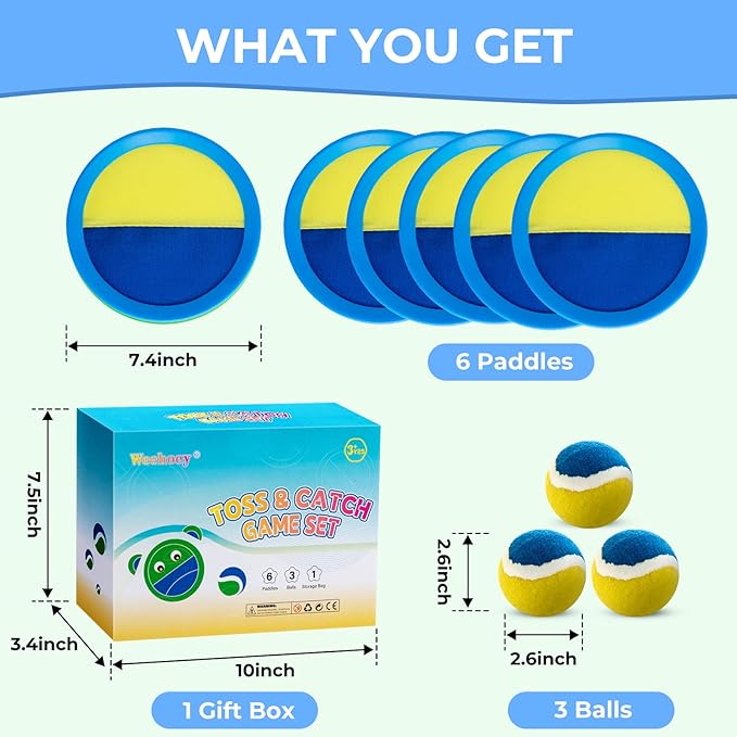 Kids Toys - Outdoor Games for Kids, Toss and Catch Ball Set with 6 Paddles 3 Balls, Toys for 3 4 5 6 7 8+ Year Old Boys Girls Christmas Birthday Gifts (Light Blue)