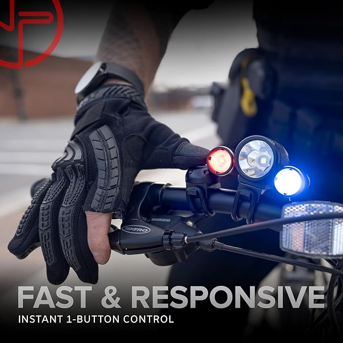PS1200 Front & OPTIKS P220 Rear Police Patrol Bike Light - Red/Blue Strobe LED - Rechargeable - Water Proof - 5 Modes - for Professional Use Only