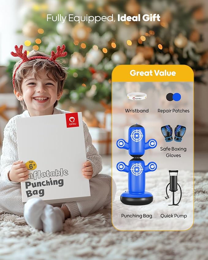 QPAU 360° Rotatable Punching Bag for Kids, Lager 64” Kids Punching Bag with Gloves, Hand Pump & 6 Targets, Bop Bag Inflatable Punching Toy, Karate Gifts for Boys, Girls