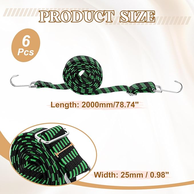 uxcell 6Pcs Adjustable Bungee Cords with Hooks, 79 Inch Flat Heavy Duty Elasticity Straps Rubber Bungee Cords with Buckle for Outdoor, Camping, Tarp, Bike Rack, Luggage, Black Green