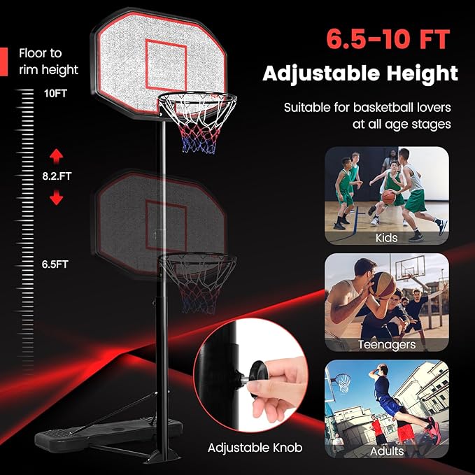 GYMAX Basketball Hoop, Outdoor 6.5FT-10FT Adjustable Basketball Goal with 43’’ Shatterproof Backboard & 18’’ Basket, All Weather Basketball Stand with Wheels, for Kids Youth Adult, Gym Driveway Court