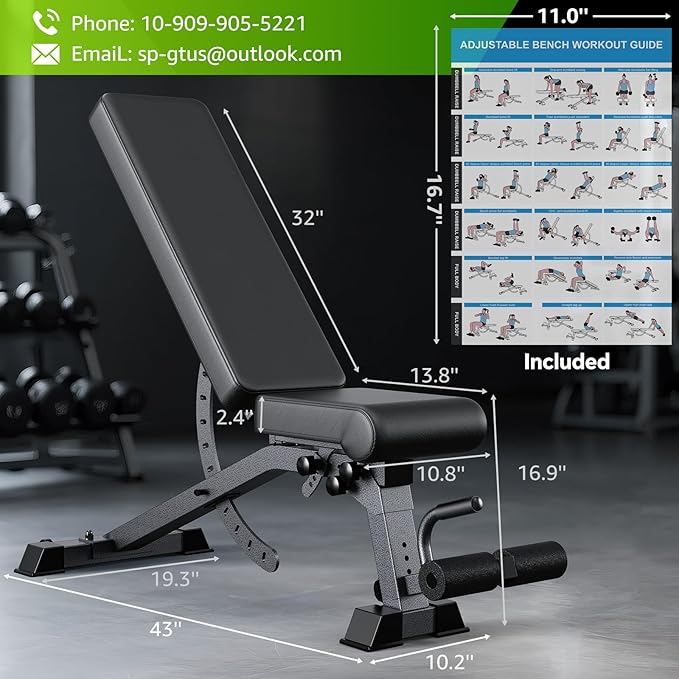 Adjustable Weight Bench, 1200LB Heavy Duty Workout Bench for Home Gym, Commercial Incline-Flat-Decline Bench Press for Full Body Fitness, 4 Suitable Leg Rest Gears with Fully Upright Backrest