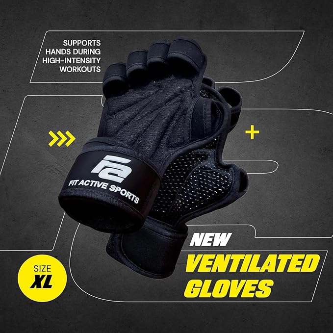 Fit Active Sports New Ventilated Weight Lifting Workout Gloves with Built-in Wrist Wraps for Men and Women - Great for Gym Fitness, Cross Training, Hand Support & Weightlifting.