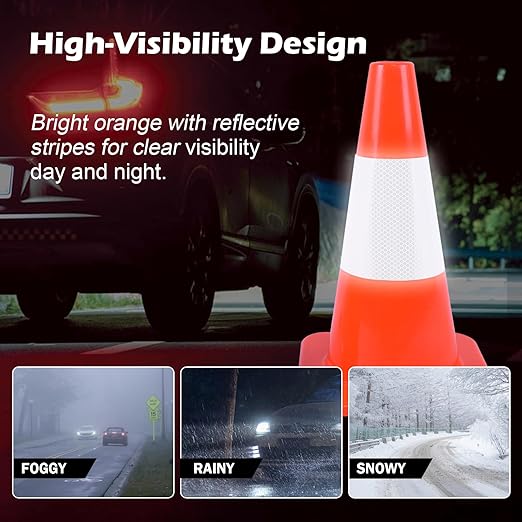 8 Pack 18" inch Fluorescent Orange PVC Traffic Safety Cones with Reflective Collars and Heavy Duty Rubber Base, Durable Cones for Parking, Construction, Roadwork and Driving Practice