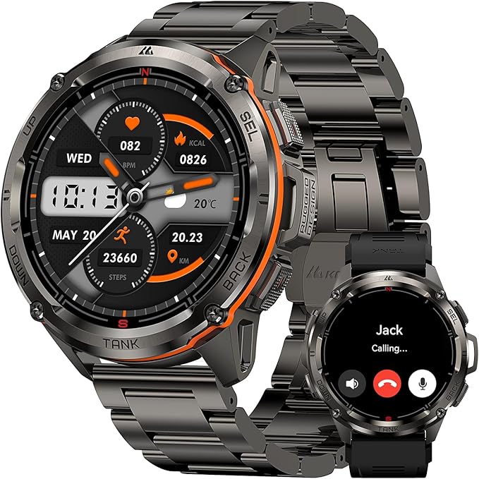 KOSPET Tank T3 Ultra GPS Smart Watch for Men-Pressure/Altitude/Compass, Extra-Large Battery, Stainless Steel Unibody Rugged Military Smartwatch Make/Answer Call, 5ATM Waterproof (2 Bands)