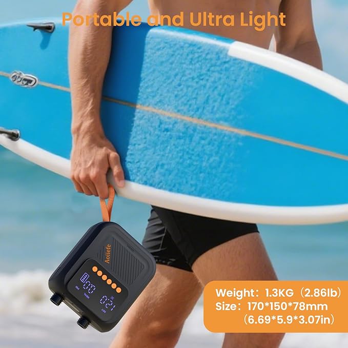 Portable Rechargeable Electric SUP Paddle Board Pump, Intelligent Dual Stage Inflation&Deflation, Up to 20PSI and Auto-Off for Stand UP Paddle Boards, Kayaks, Tents