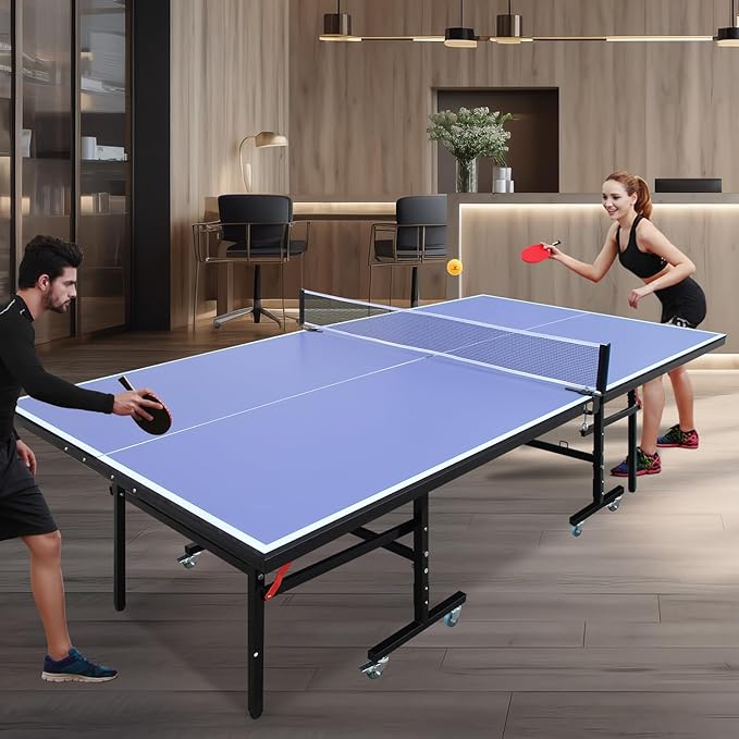 Professional Table Tennis Table, Foldable Ping Pong Game Set for Indoor, 8FT 9FT Single Player Playback Mode Ping Pong Table with Net and Post Set, 2 Paddles and 3 Balls