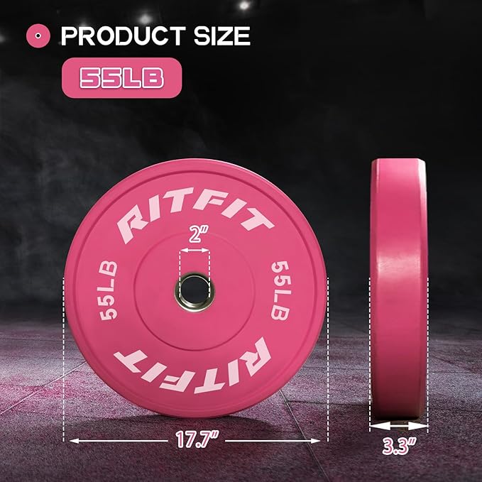 RITFIT Pink Weight Plates, 2 Inch Olympic Barbell Weight Plate, Bumper Plates With Steel Insert, Pink Weights for Gym and Home