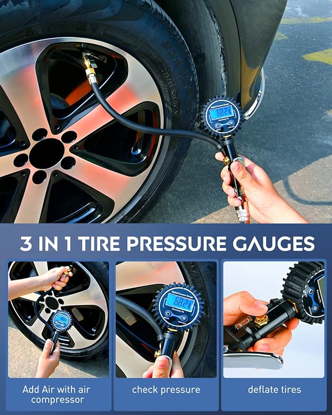 Nilight - 50057A Digital Tire Inflator Deflator with Pressure Gauge 250 PSI Air Chuck and Compressor Accessories with Rubber Hose and Quick Connect Coupler for 0.1 Display Resolution