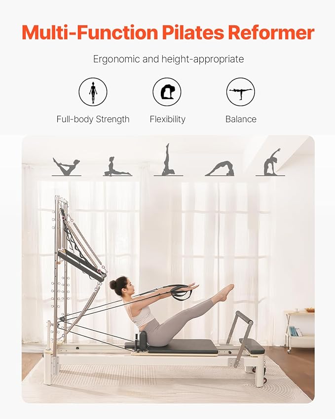 VEVOR Pilates Reformer Machine, Pilates Workout Equipment for Home Gym Studio Use, Pilates Bed with Dual Resistance- Spring & Cord, Reformer Set, Up to 400 LBS