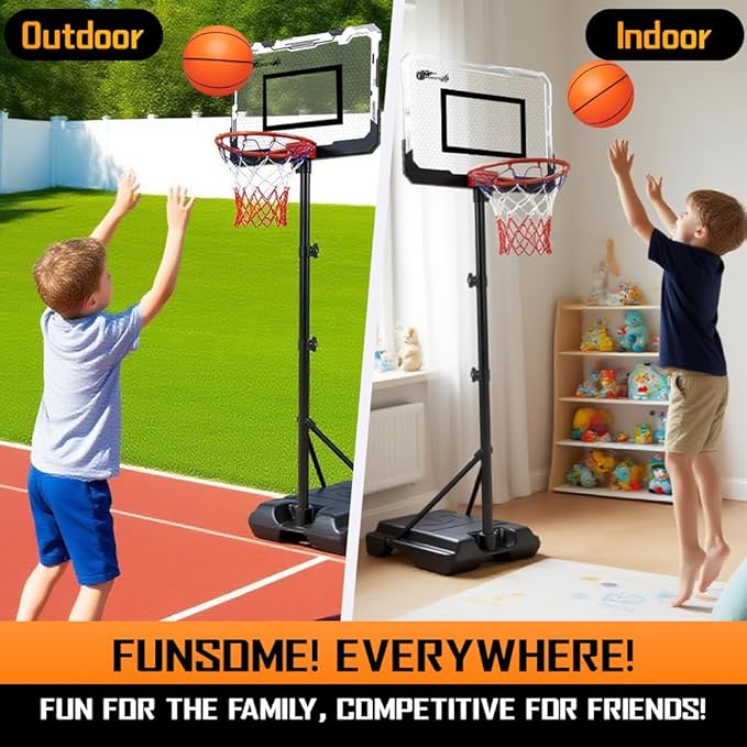 Kids Portable Basketball Hoop, Adjustable Height 38-75in/3.2-6.2FT Tall Toddler Basketball Toy, Fillable Base, Indoor Outdoor Backyard Pool Sport Game Gift for Boy Girl Ages 3 4 5 6 7 8 Years Old