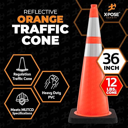 Xpose Safety 36 Inch Orange Traffic Cones Heavy Duty 12lb with 6" & 4" Collars, 12 Pack - Multipurpose PVC Plastic Safety Cone for Parking, Soccer, Caution, Kids and Construction - DOT Approved