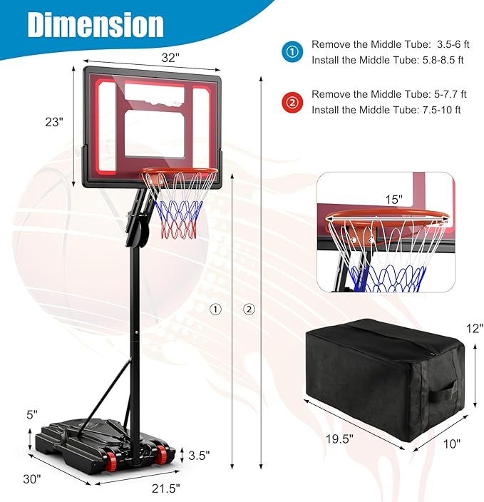 GYMAX Portable Basketball Hoop, 5 FT to 10 FT Adjustable Basketball Goal with 10 Heights, All Weather Basketball Stand System with Weight Bag & Wheels, for Youth Adult, Indoor Outdoor Pool, Court