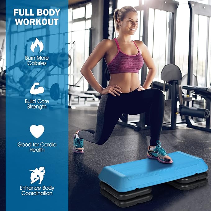 Goplus 29'' Workout Aerobic Stepper, 4”-6”-8” Height Adjustable Step Platform w/ 4 Risers, Non-slip Non-Stick Stepping Surface for Home Gym Exercise Fitness