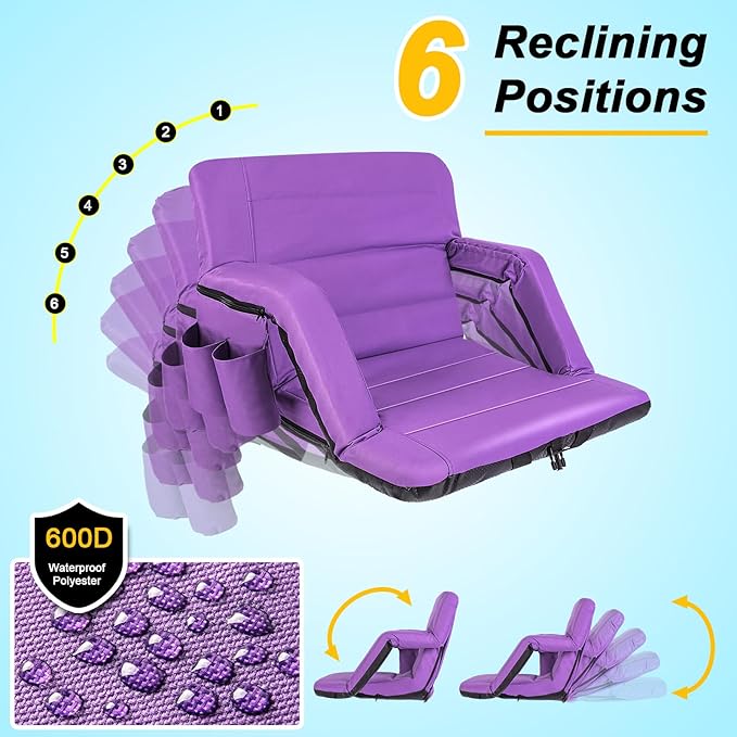 Extra Wide Stadium Seats With Back Support 2 Pack, Exclusive New Bleacher Chairs With Back and Cushion Folding Stadium Chairs, 6 Reclining Positions Waterproof Bleacher Seats (Extra Wide|25" Purple)