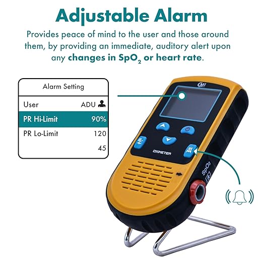 CMI Health Rechargeable Pulse Oximeter - Continuous Children Monitoring (33 to 88 lbs) & Adult Finger Spot-Checking - Adjustable Alarm for Pulse Rate and SpO2 Levels - Carry Case