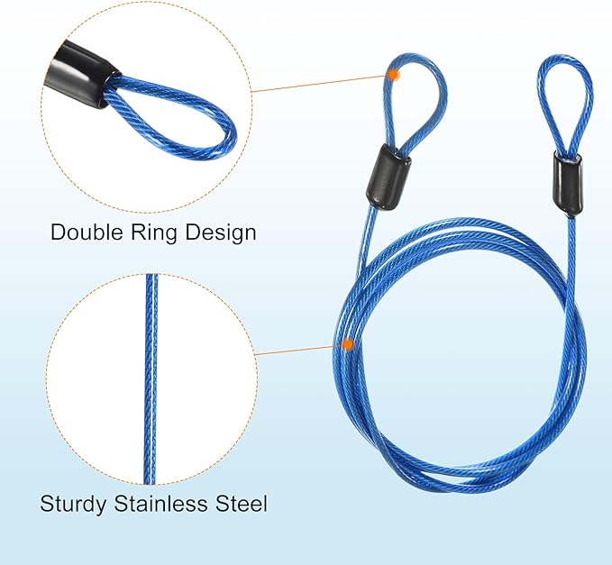 MECCANIXITY Security Steel Cable Lock, Safety Cable Flexible Wire Rope Luggage Lock 3.3feet 2.5mm Vinyl Coated Braided Steel with Double Loop for Bike Bicycle U-Lock Padlock Blue