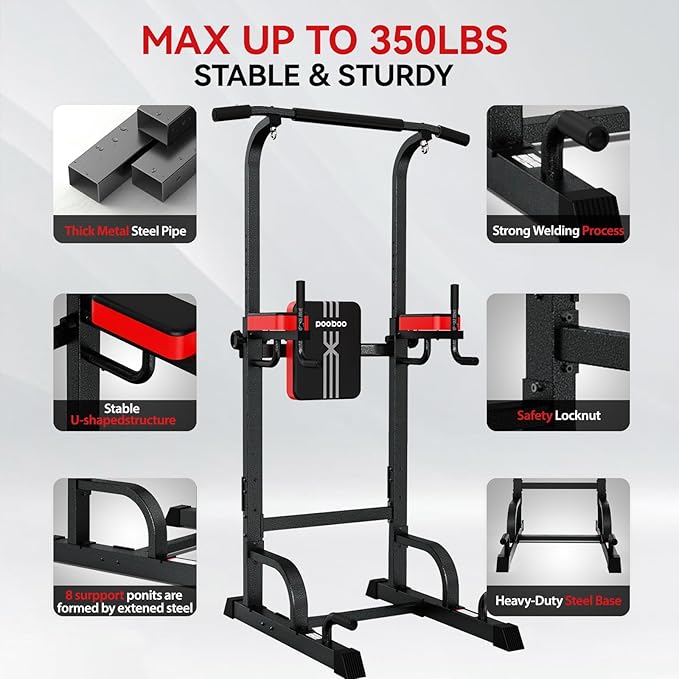 Pooboo Power Tower Dip Station Pull Up Bar for Fitness Home Gym Workout,Multi-Function Adjustable Height Fitness Strength Training Exercise Equipment,with Power Elastic Ropes