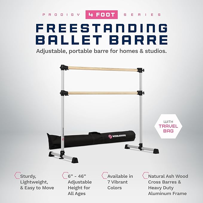 VITA Barre Portable Freestanding Double Ballet Barre, Prodigy, 4 Ft Bars, Satin Silver, with Bag | Adjustable Height, USA Made, Home or Gym Exercise Equipment for All Ages | Dance, Fitness, Pilates