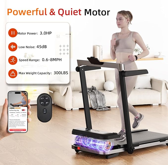 Walking Pad Treadmill with Handle Bar 3-in-1 Foldable Treadmills for Small Space 300 LBS Capacity, 3.0HP Portable Under Desk Treadmill for Home Office with LED Display Remote APP Control