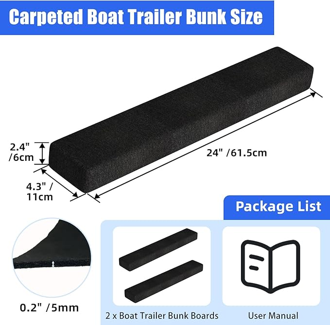 2 Pack Boat Trailer Bunks, Carpeted Bunk Boards, Black Marine Soft Carpet with Full Protection, Boat Trailer Guides for Various Boats, 2" x 4" x 24"