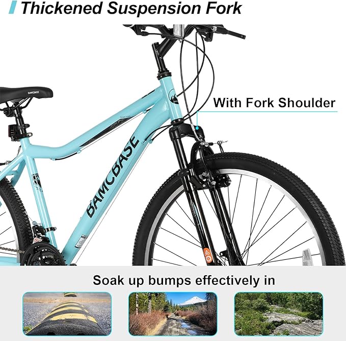 HILAND 26 Inch Womens and Mens Mountain Bike, 21 Speed Steel Frame Adult Bicycle, MTB Bikes with Suspension Fork, Purple Green White