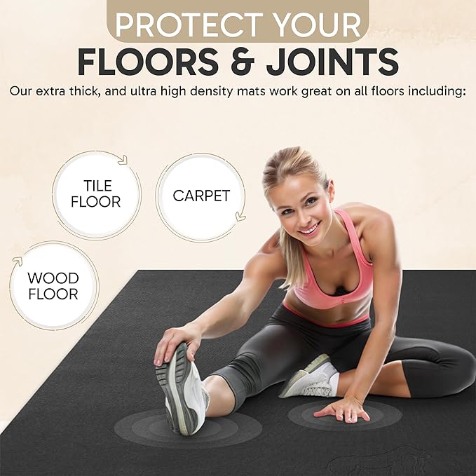 Gorilla Mats Premium Large Exercise Mat – 6x4', 7x4', x7x5', 8x4', 10x4' (1/4" Thick) Ultra Durable, Non-Slip, Workout Mat for Instant Home Gym Flooring – Great on Any Floor – Use With or Without Shoes