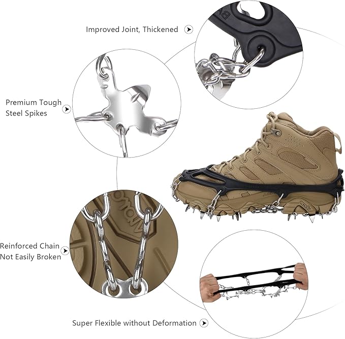 Crampons 19 Spikes with Stainless Steel Chain Ice Snow Grips Traction Cleats System Safe Protect for Walking, Jogging, Climbing, Hiking on Snow and Ice, Boots Chains for Women Men