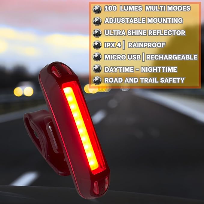 Ultra Bright Bike Taillight for Road and Trail Safety. 5 Modes Rechargeable Red White Led Light. Flexible Mounting for All Bicycles Styles, Scooter, ebikes and Helmet.