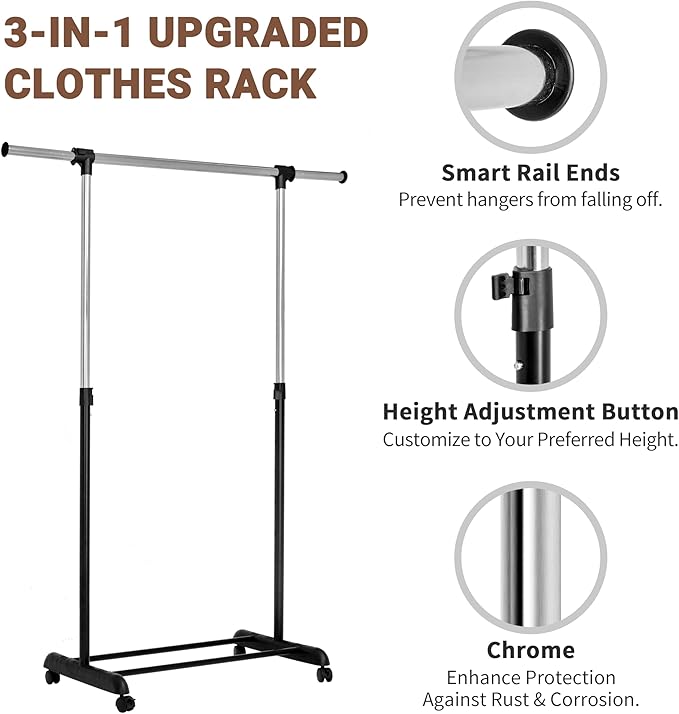 ikloo Clothing Rack with Wheels for Hanging Clothes | Extendable and Adjustable Garment Racks | Freestanding Rolling Closet Laundry Racks for Drying | Portable Clothes Organizer with Shelves | Chrome