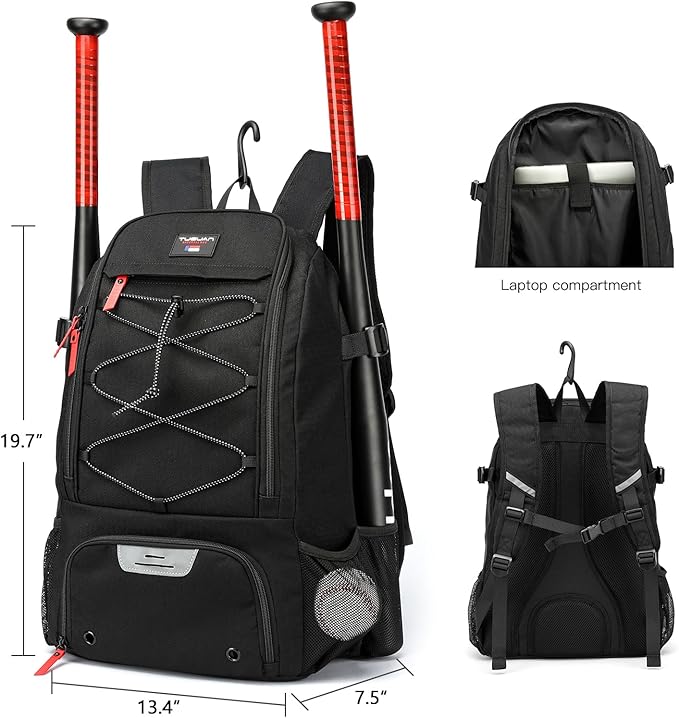 TUGUAN Baseball Bags for Adults Mens with Fence Hook, Laptop Compartment, Shoes Compartment & Glove Holder Portable Youth Boys Softball Backpack Coaches Catchers Team Equipment Gear Bags
