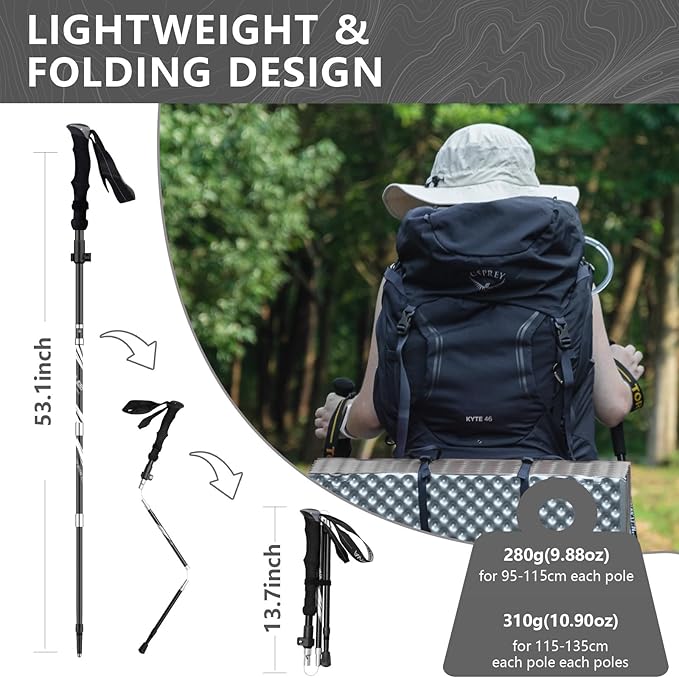 BISINNA Hiking Poles Collapsible Trekking Poles Aluminum Alloy Hiking Sticks 2 pc Lightweight Adjustable Folding Stick for Wowen Men Walking Sticks with Quick Lock System