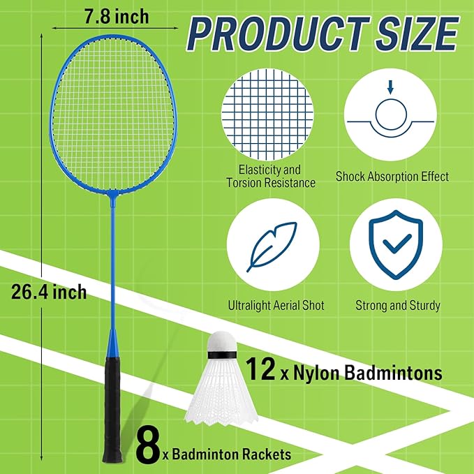 Woanger 8 Packs Badminton Rackets Set with 12 Badminton Racquets for Adult Backyard Gym Beach Outdoor Games