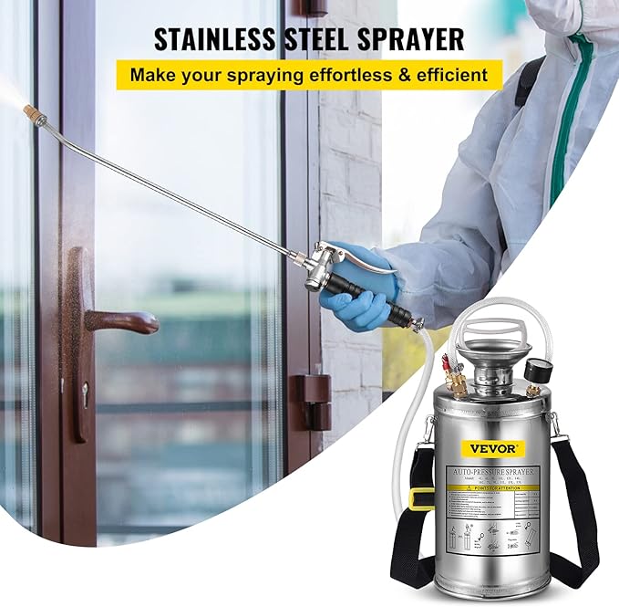 Happybuy 1.5 Gallon Stainless Steel Sprayer, 16" Wand&3.3FT Reinforced Hose, Hand Pump Sprayer with Pressure Gauge, Safety Valve&Adjustable Nozzle, Weed Sprayers for Lawn, Gardening & Sanitizing