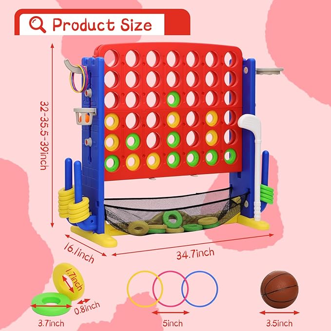 Giant 4 in A Row Game, Height Adjust Connect 4 Jumbo Yard Game Set for Kids & Adults with Mesh Catching Bag, Golf, Basketball Hoop & Ring Toss, 4-to-Score Games for Indoor/ Outdoor Fun