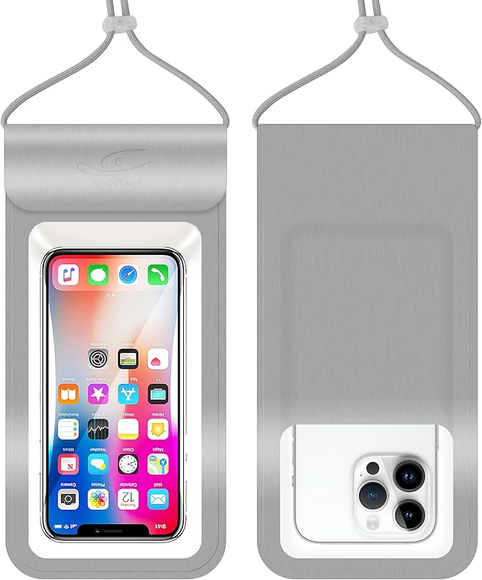 HiRui Universal Waterproof Phone Pouch with Touch Screen, IP68 Waterproof Phone Case Dry Bag for Beach, Compatible with iPhone 16/15/14/13/12/XR/SE, Samsung Galaxy, Fits up to 6.1" (Silver, Large)