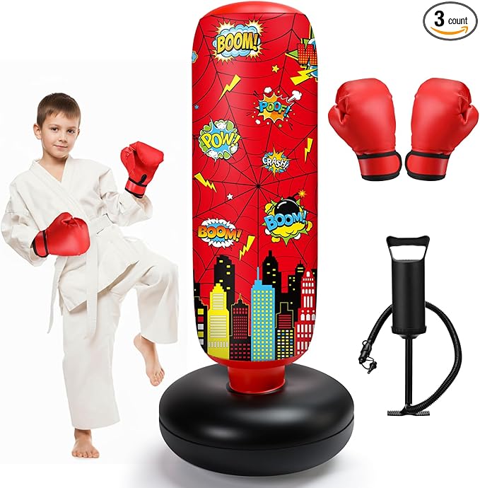 Jenaai Inflatable Punching Bag for Kids, 40" Spiderweb Punching Bag, Spiderweb Boxing Kit with Gloves and Air Pump for Daily Exercise, Family Time, Karate, Practice, Taekwondo