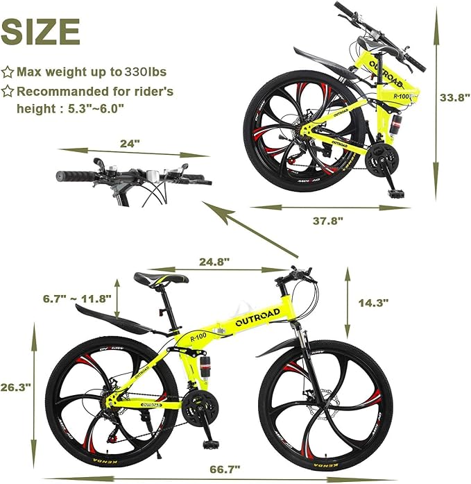 26 ich Folding Mountain Bike, 21 Speed High Carbon Steel Mountain Bike for Adults with 26 Inches Durable Tires, Front Suspension Folding Bicycle for Women and Man