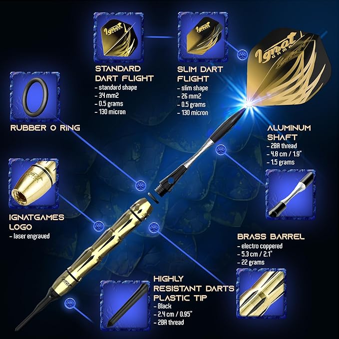 IgnatGames Premium Soft Tip Darts – 6/12 Pack Brass Barrels with Aluminum Shafts, 16 GlideXPro Flight Set, Tool Kit, Giftable Case & 100 Extra Tips