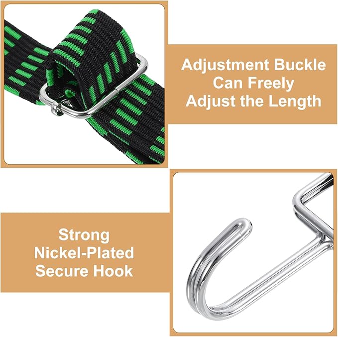 uxcell 6Pcs Adjustable Bungee Cords with Hooks, 79 Inch Flat Heavy Duty Elasticity Straps Rubber Bungee Cords with Buckle for Outdoor, Camping, Tarp, Bike Rack, Luggage, Black Green