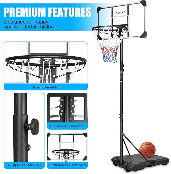 Icoud Height-Ajustable Basketball Hoop 8.5/9.2ft Portable Basketball Goals,32/36 inch Background with Wheels System