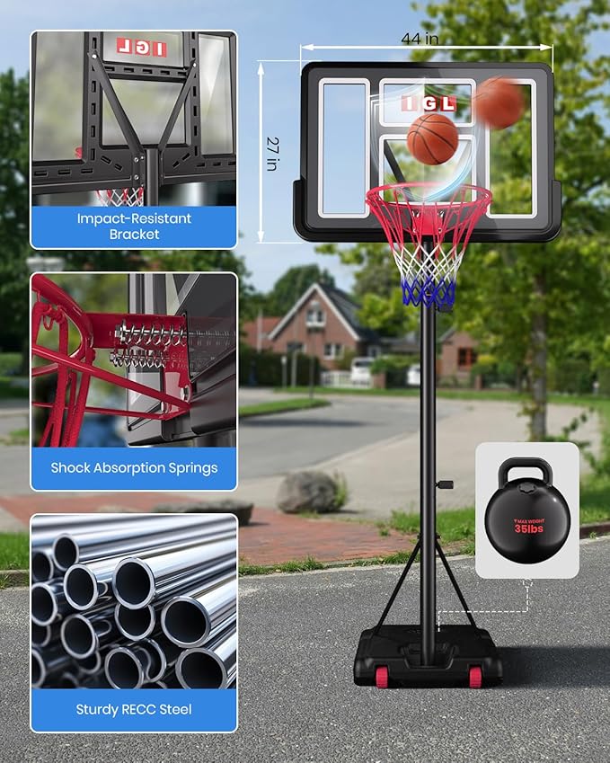 IGL Portable Basketball Hoop, 5.6-10FT Adjustable Basketball Goal System, 44 Inch Outdoor Basketball Hoop & Goals for Kids, Youth, and Adults in The Backyard, Driveway with PC Backboard